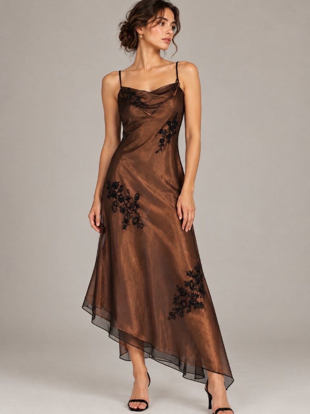 Night Way Collections Women's Size 6 Bronze Black Beaded Formal Maxi Dress